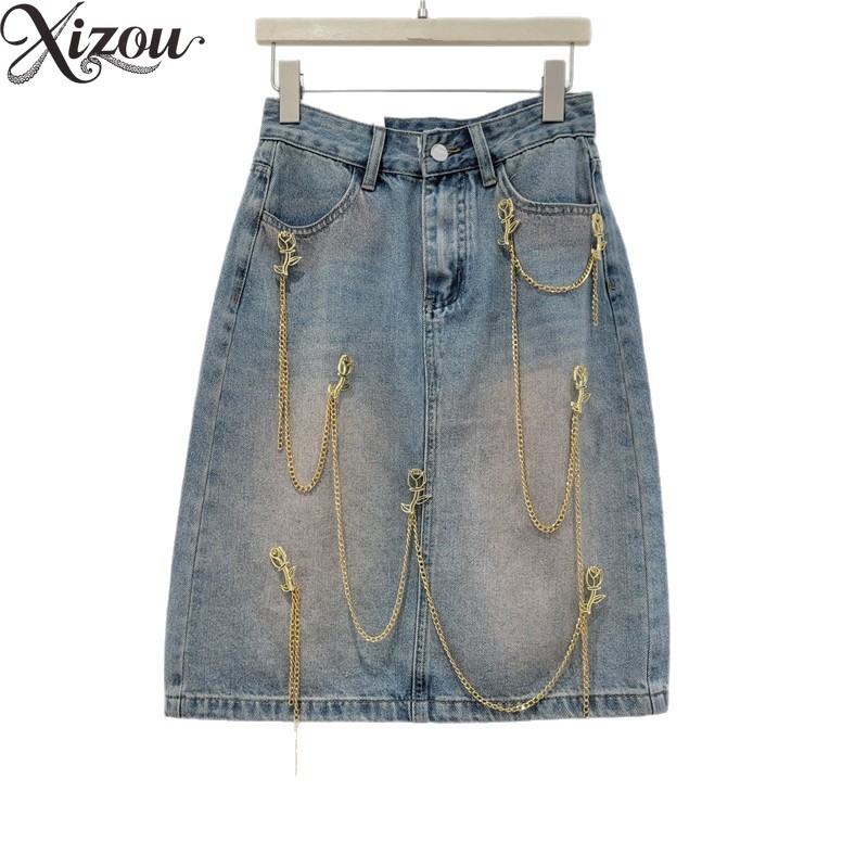 Denim Skirt Midi Vintage - Women Retro High Waist A-Line Denim