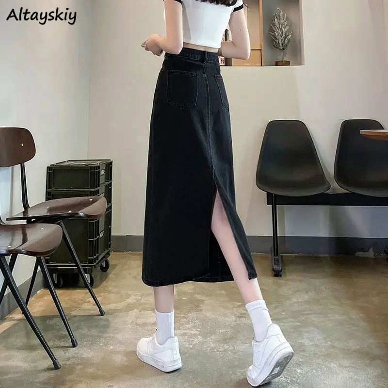 Denim Skirt Midi Vintage - Women Back-slit Denim Skirts Vintage High