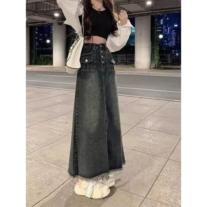 Denim Skirt Midi Vintage - High Waist A-Line Midi Denim Skirt