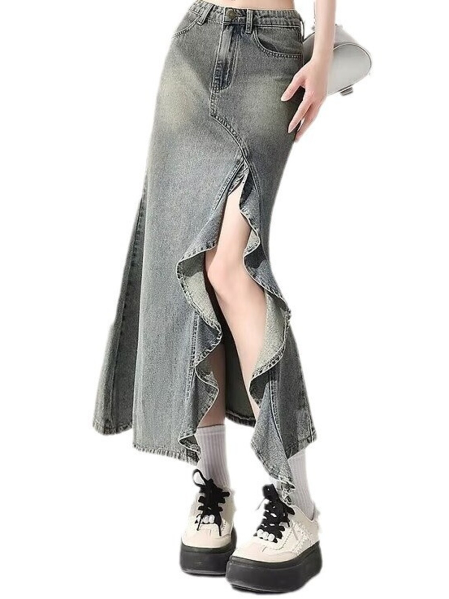 Denim Skirt Midi Vintage - Women's Vintage Washed Denim Mermaid Maxi