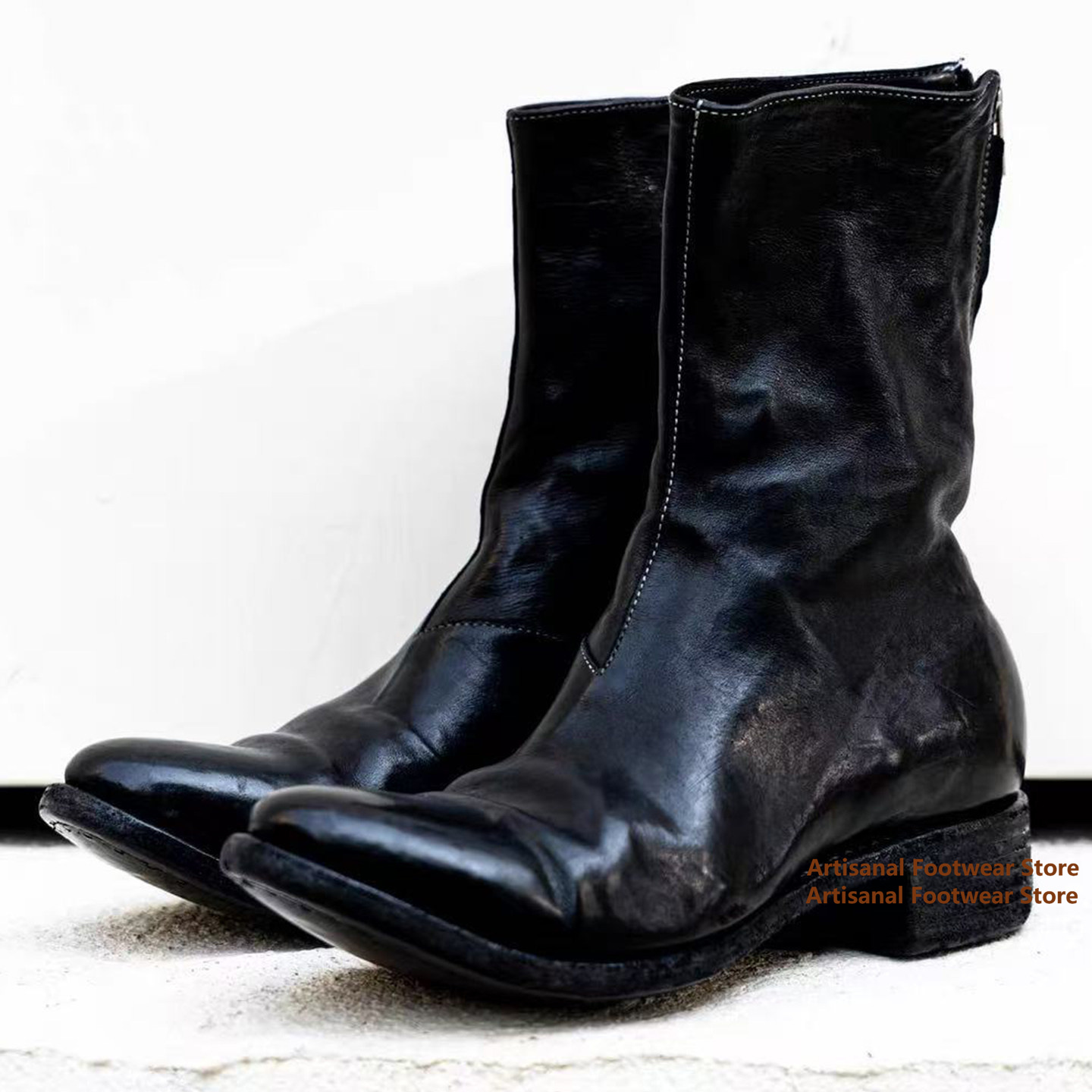 Vintage Zipper - Vintage Wrinkled Leather Mid-Calf Boots Back