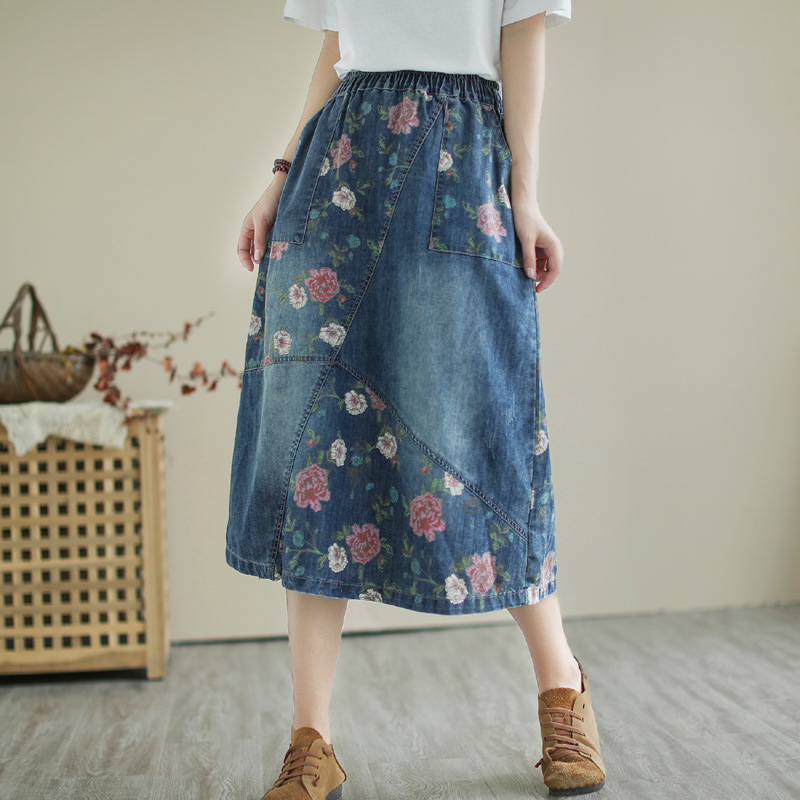 Denim Skirt Midi Vintage - Japanese Vintage Mori Girl Flower Print