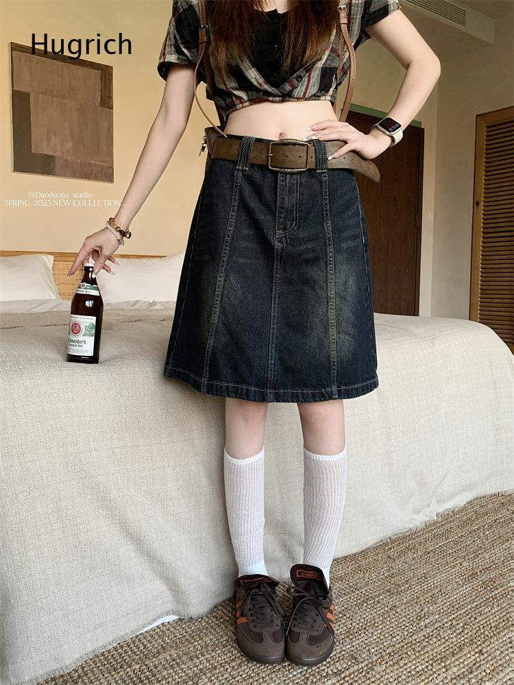 Denim Skirt Midi Vintage - Streetwear Vintage A Line Denim Midi