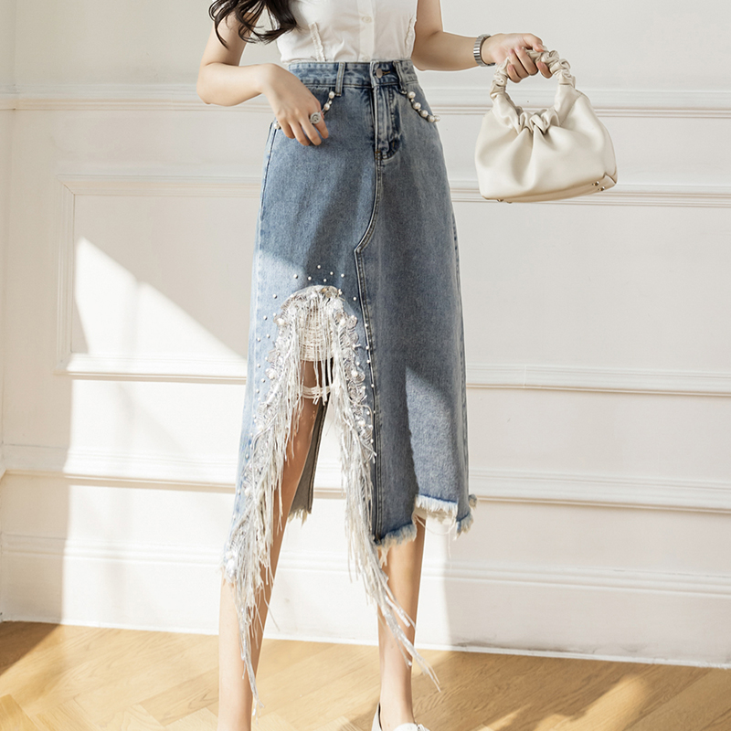 Vintage S-5XL Split Pearl Bead - Denim Skirt Midi Vintage recension och pris