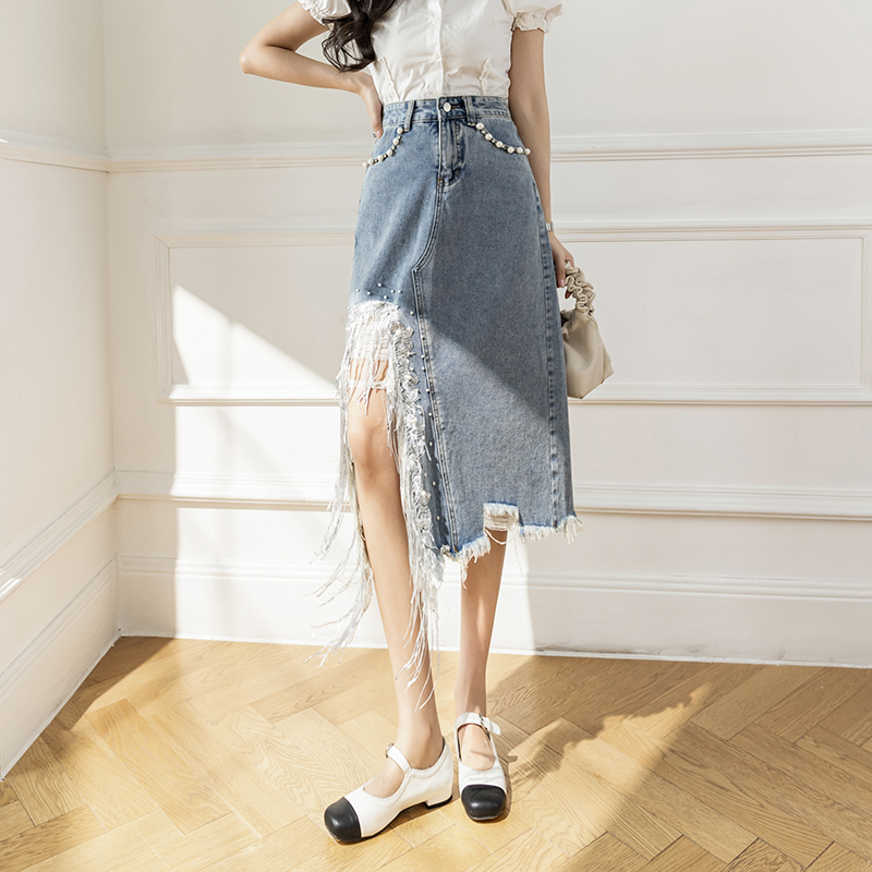 Vintage S-5XL Split Pearl Bead - Denim Skirt Midi Vintage recension och pris