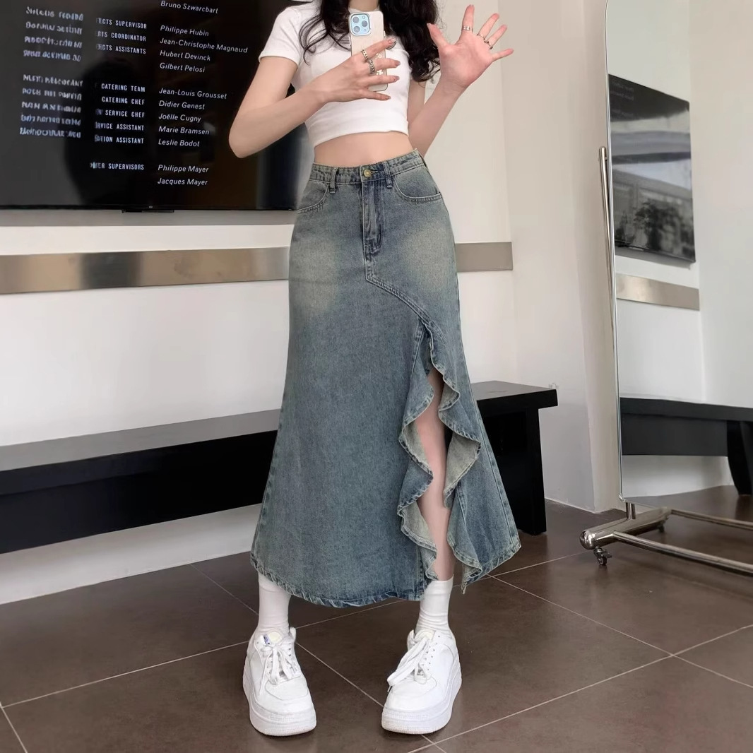 Korean High Waist Vintage Blue - Denim Skirt Midi Vintage recension och pris