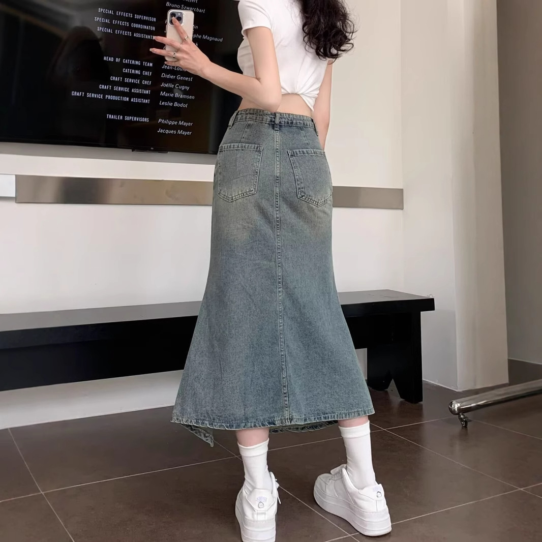 Korean High Waist Vintage Blue - Denim Skirt Midi Vintage recension och pris