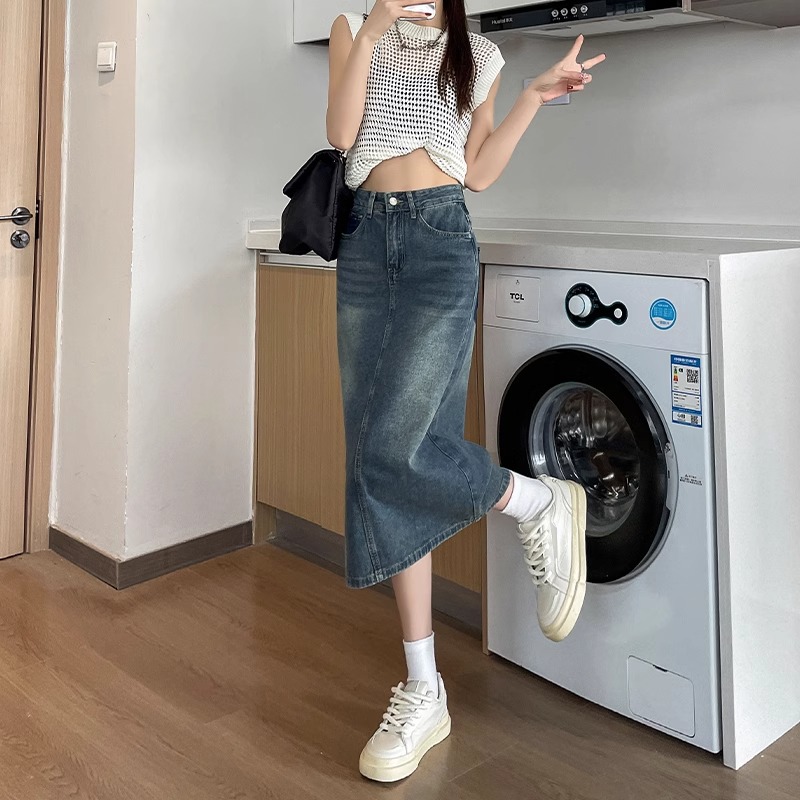 Spring Summer New Retro Color  - Denim Skirt Midi Vintage recension och pris