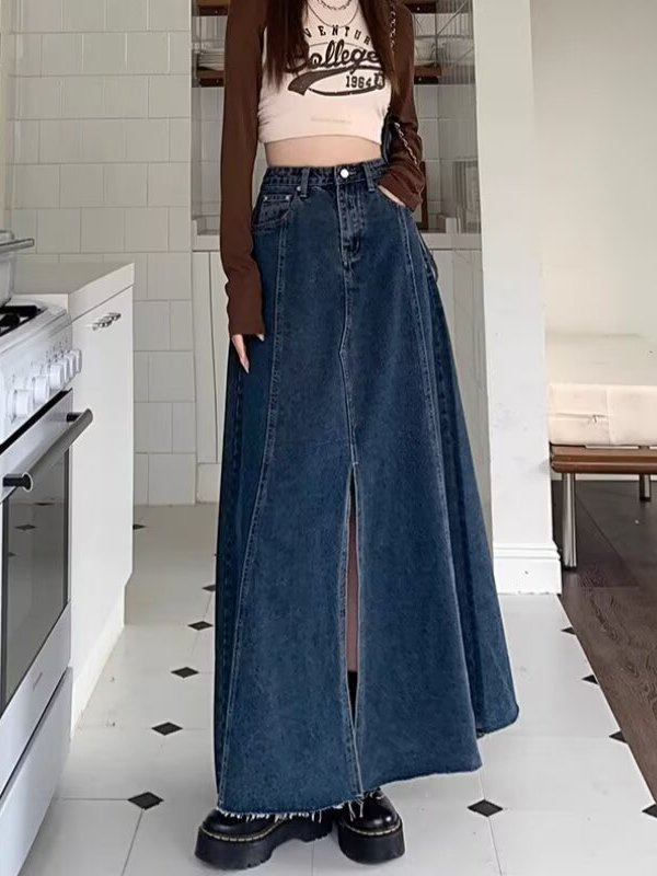 High Waist Slit Denim  Skirt W - Denim Skirt Midi Vintage recension och pris